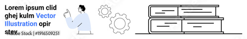 Education, learning, knowledge, creativity, innovation, design. Minimal graphic of a man gesturing at two gears and books. Education and knowledge-focused concept with creativity and learning