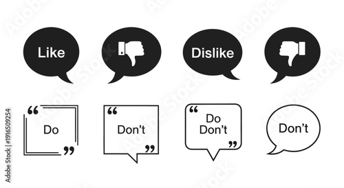 Black and white social media reaction icons with like dislike and quote bubbles