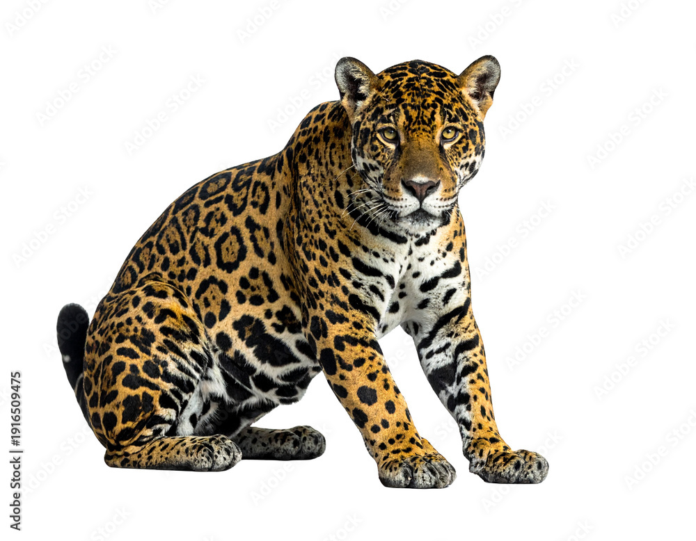 Obraz premium Jaguar seated with alert gaze showcasing its golden fur and distinctive black rosettes