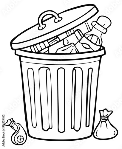 Overflowing Trash Can with Plastic Bottles and Garbage Bags, Line Art Illustration
