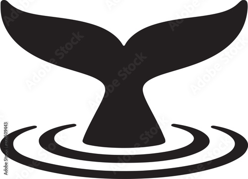 Minimalist black whale tail silhouette rising from ocean waves circle vector illustration