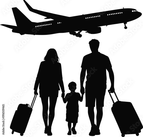 Family Travel Concept Silhouette with Mother Father Child Luggage and Airplane Flying in the Sky.