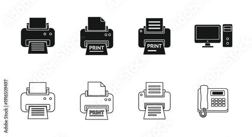 Black and white icons depicting various office printing and computer devices