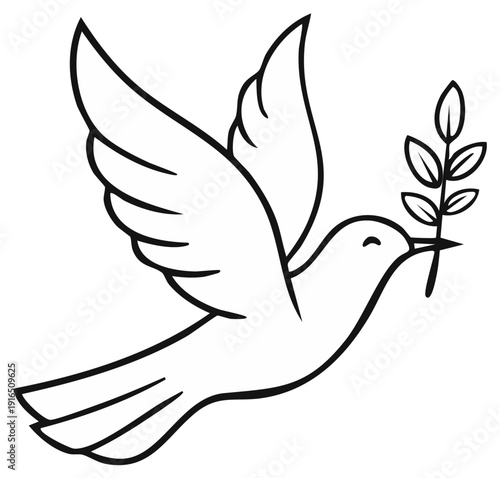 Flying dove carrying olive branch symbol of peace and hope