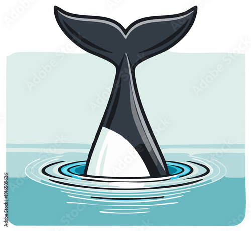 Cartoon Orca Tail Breaking Water Surface, Blue Ocean, Vector Illustration