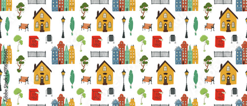Seamless urban community pattern with houses, mailboxes and street furniture