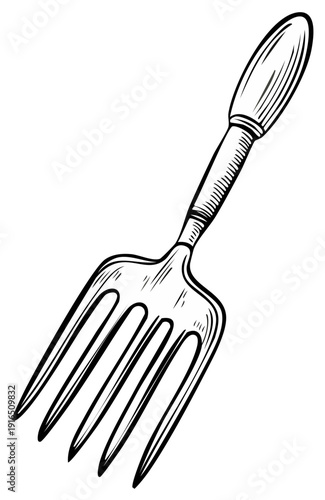 Hand Drawn Engraving of Garden Fork Tool Utensil Garden Gardening Equipment