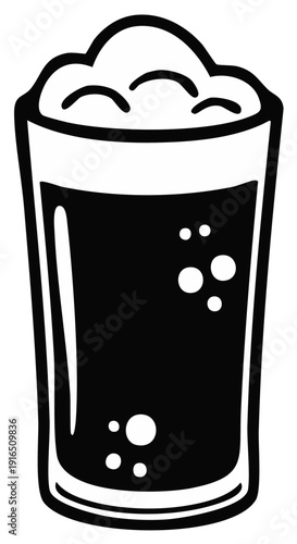 Frothy stout in a pint glass with bubbles, illustrated in monochrome, offering a refreshing visual.