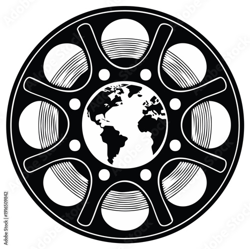 Retro Film Reel with Globe Depiction of Earth, Representing Global Cinema and Worldwide Video