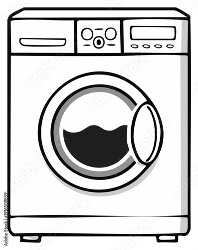 Simple graphic drawing of a modern front loading washing machine for laundry chores