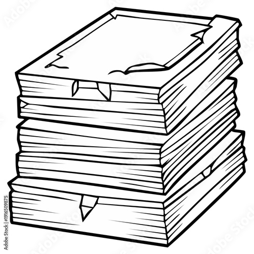 Stacked antique books with tattered pages, a classic hand drawn outline illustration.