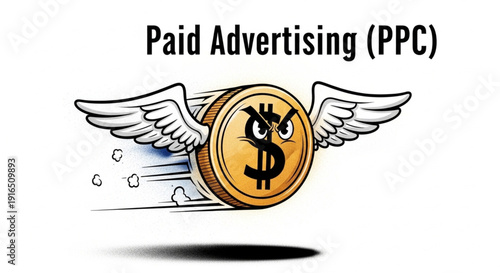 Flying dollar coin with wings for paid advertising PPC concept