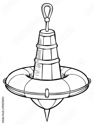 Vintage Maritime Buoy with Life Preserver in Black and White Sketch Nautical Illustration