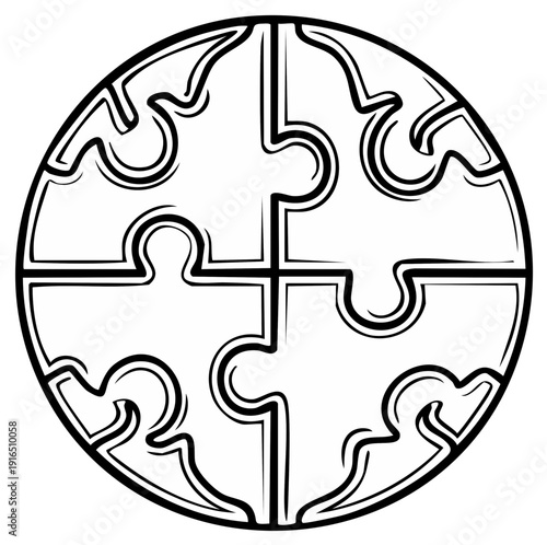 Black and white line art illustration of four interconnected jigsaw puzzle pieces forming a circle
