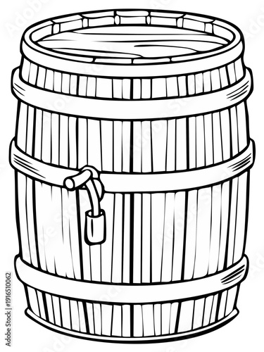 Black and white illustration of a wooden barrel with a lock, isolated.