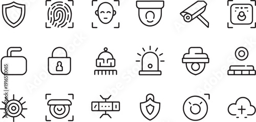 Security and surveillance icons in a linear minimalist style