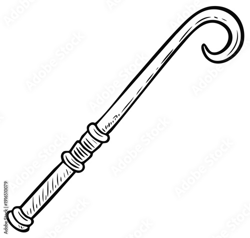 Illustrated image of a walking stick or cane, black outline on white background