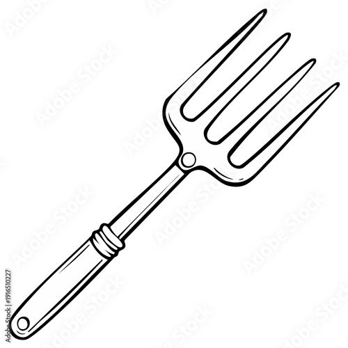 Simple black and white illustration of a garden pitchfork tool with four tines and a handle