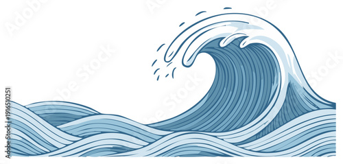 Stylized Blue Ocean Wave Cresting with White Foam and Rippling Water
