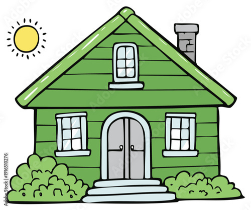 Cartoon illustration of a green house with sun and garden bushes