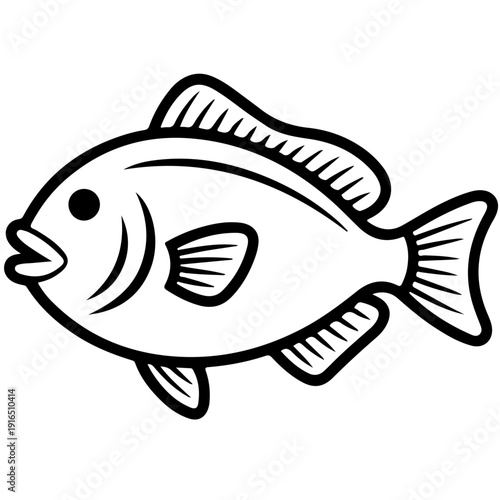 A simple drawing of a fish with fins and a tail