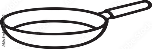 Minimalistic black and white line drawing of a frying pan on white background