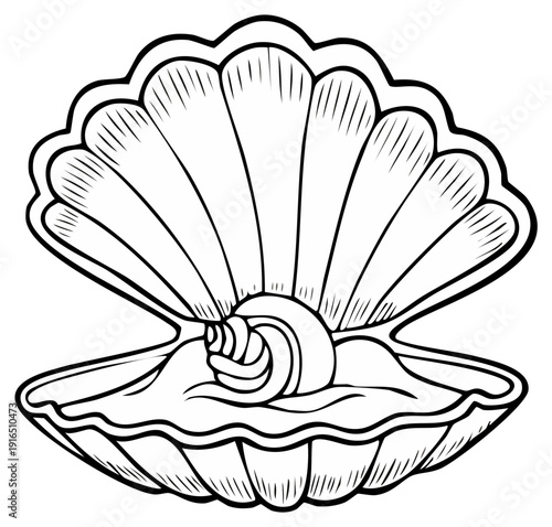 Open clam shell with pearl inside black and white drawing