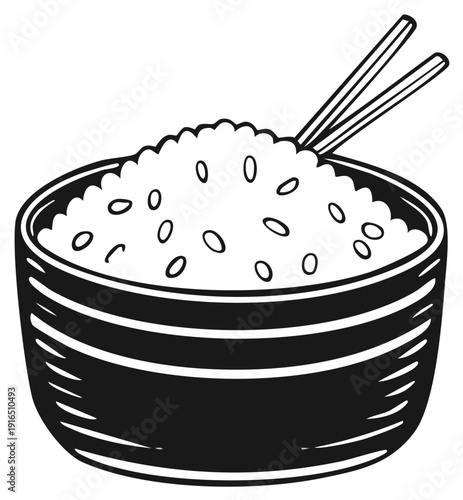 Simple Black and White Drawing of a Bowl of Rice with Chopsticks