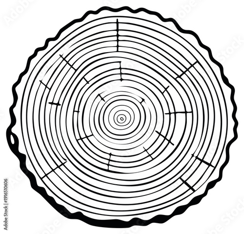Black and white illustration of a cross-section of a tree trunk showing growth rings and texture