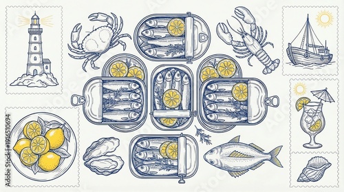 different open cans of sardine , views above, sketch pencil images