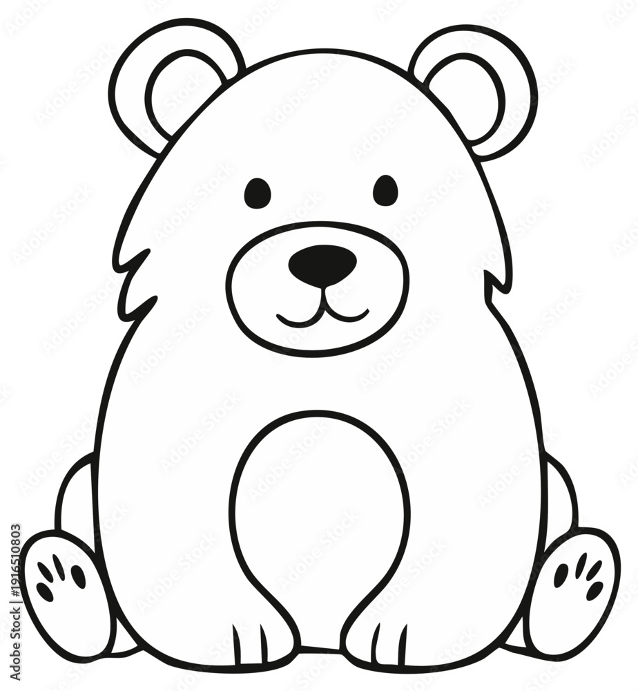 Fototapeta premium Cartoon bear outline sitting with rounded shapes and cute expression