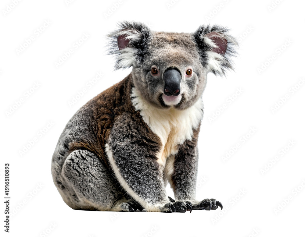 Fototapeta premium Koala sitting posture with fluffy gray fur and curious expression