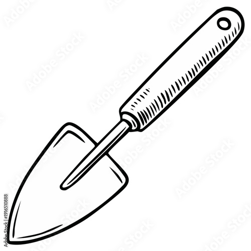 Black and white illustration of a garden trowel. Gardening and yard work concept.