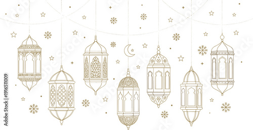 Ramadan Kareem Hanging Lantern Vector Set with Islamic Ornamental Lamps, Crescent Moon, Stars and Elegant Golden Festive Decoration Elements