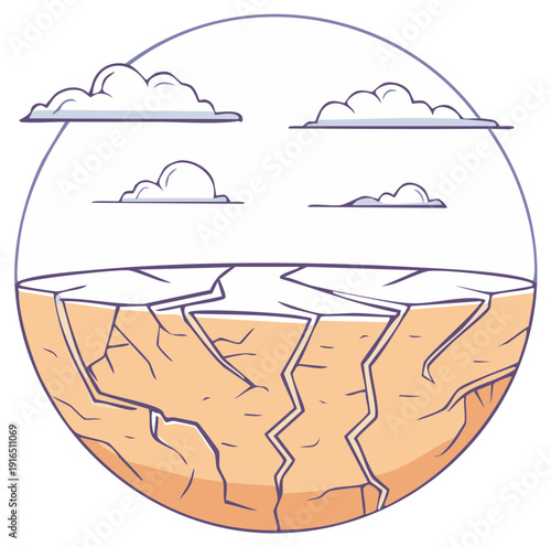 Stylized cracked earth and clouds within a circular frame evoking drought or climate change illustration.