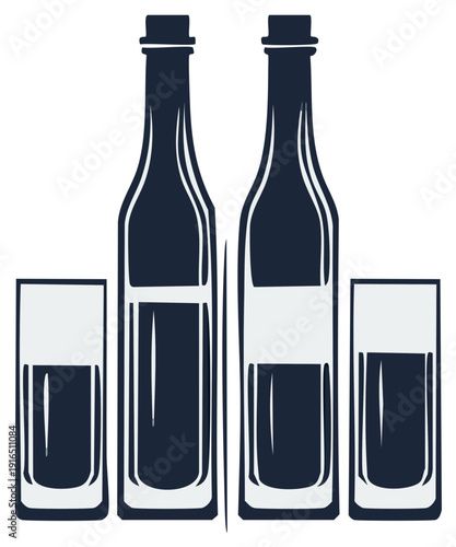 Black and white illustration of beverage bottles and glasses.