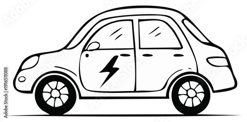 Modern electric car line art illustration featuring lightning bolt symbol for eco friendly transportation