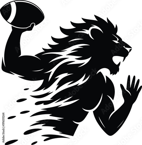 Powerful Lion Mascot Throwing American Football Silhouette