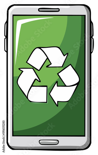 Smartphone with green screen displaying white recycling symbol icon concept
