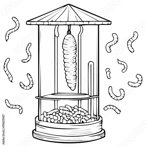 Illustrated insect trap or feeder with a hanging cocoon and a collection of crawling worms