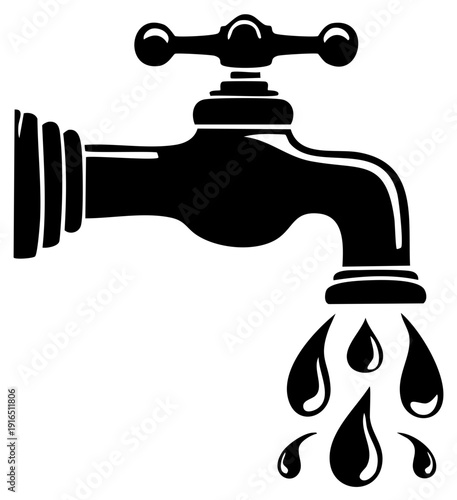 Black silhouette of a traditional water faucet with water drops dripping