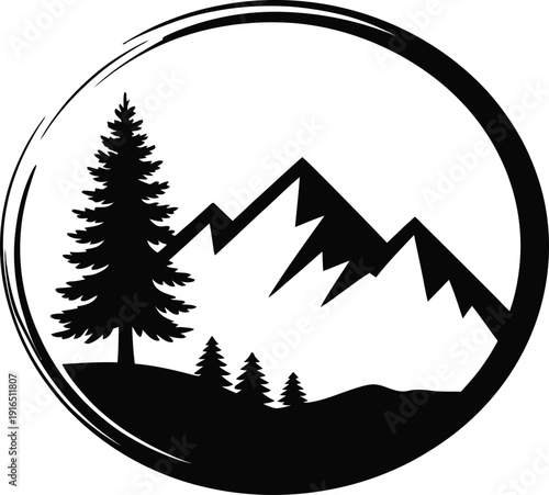 Mountain Peaks And Pine Trees Circular Icon