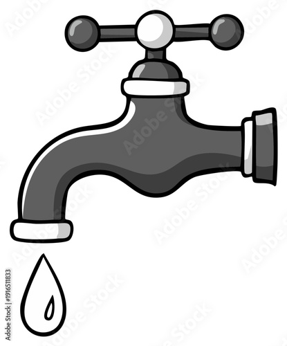 Cartoon faucet with dripping water droplet symbolizing conservation or a leak