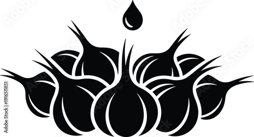 Black garlic bulb silhouette with water drop icon, organic vegetable illustration in flat design style, healthy natural food symbol isolated on light background