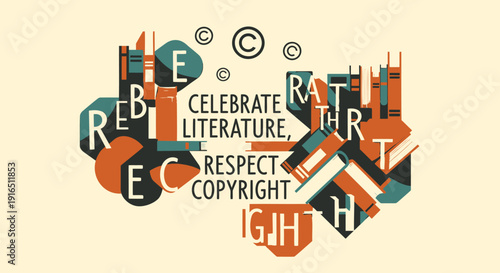 Literary themed typographic vector graphic celebrating literature and copyright, with colorful letters and symbols.