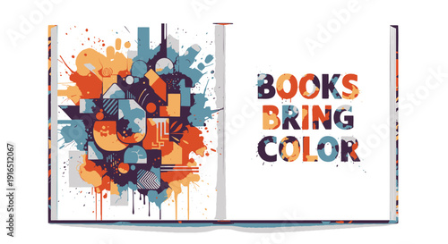 Open book with colorful abstract design and 'Books bring color' text, isolated on transparent background