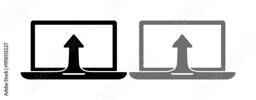Digital upload and download icons on laptops, symbolizing data transfer and connectivity