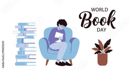 World Book Day illustration with person reading in armchair, stack of books and plant