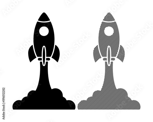 Two stylized rockets launching with smoke trails, representing innovation and new beginnings.