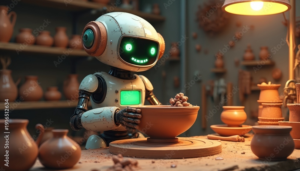 Fototapeta premium Robot with glowing eyes expertly shapes clay bowl on pottery wheel. Advanced AI makes pottery in studio. Future craft, tech meets tradition. Art creation.